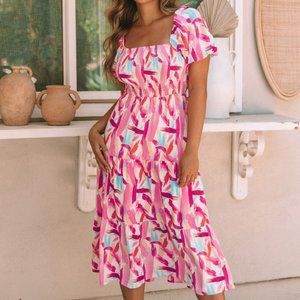Pink Brush Stroke Printed Smocked Ruffle Tiered Dress